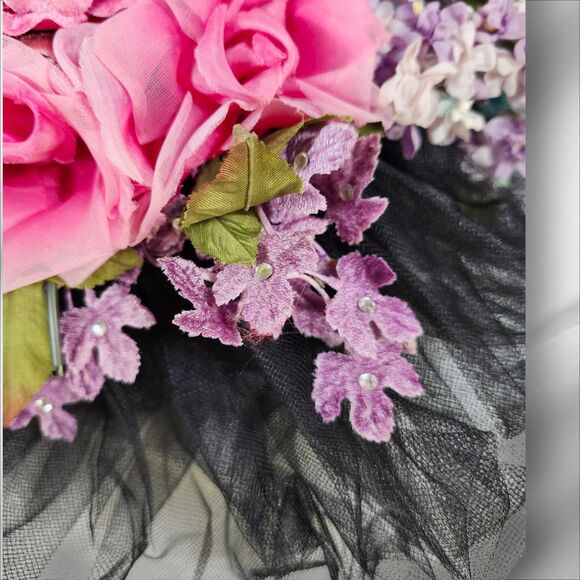 Vintage Mme. Poswolsky NY Black Tulle Derby Hat Roses & Rhinestones 1950s RARE main image 9